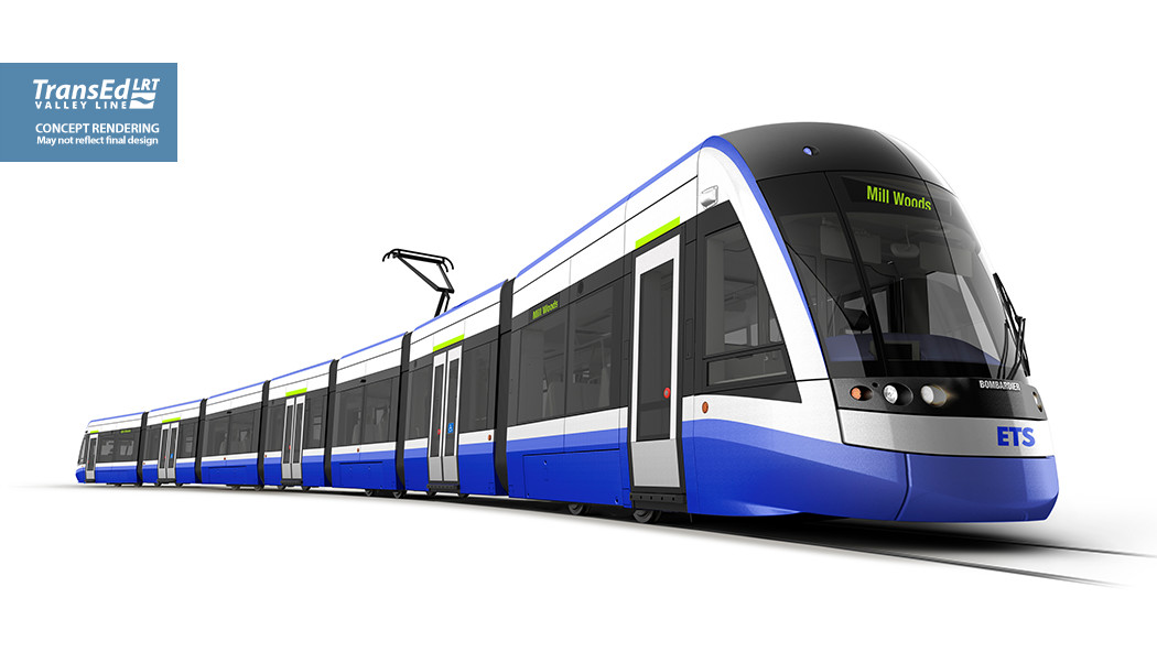 A rendering shows the general design for the low-floor style trains planned for use with the Valley Line train system in Edmonton. 