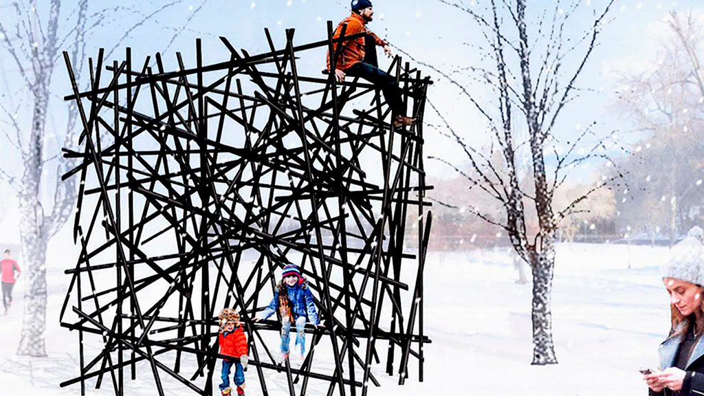 Art installation Black Bamboo by Bennet Marburger and Ji Zhang of 2408 Studio (Hangzhou Shi, China) is one of five winners of the Ice Breakers 2018 international design competition. The installation is made from 90 painted bamboo poles freely arranged to form a framework in an abstract cubic shape.