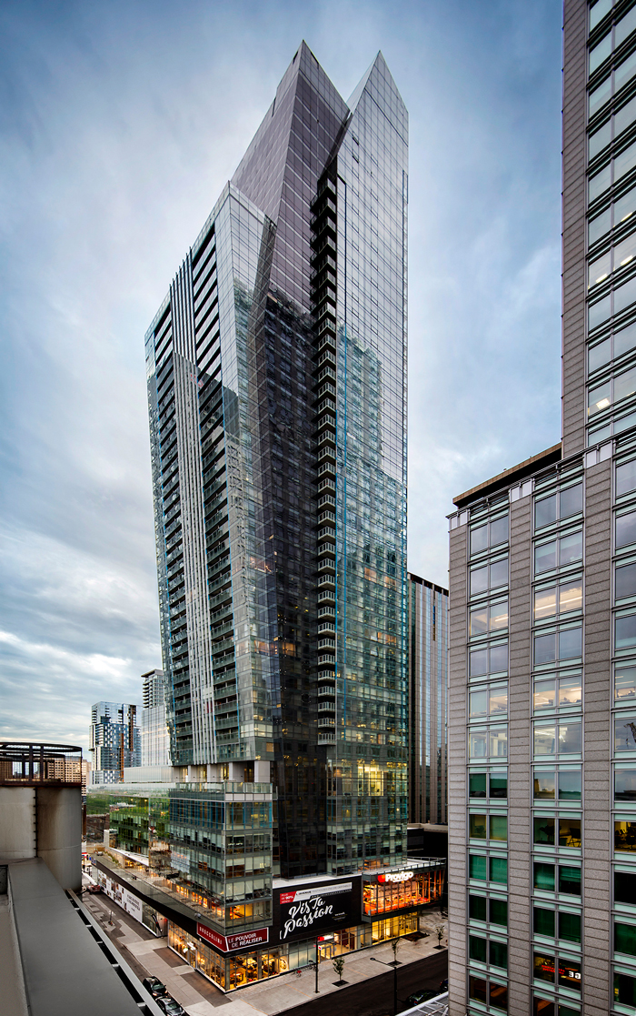 Broccolini's 590,300-square-foot, 50-storey mixed-use L'Avenue tower was designed by IBI and BLT Architects and opened its doors on avenue des Canadiens-de-Montreal in Montreal last May.