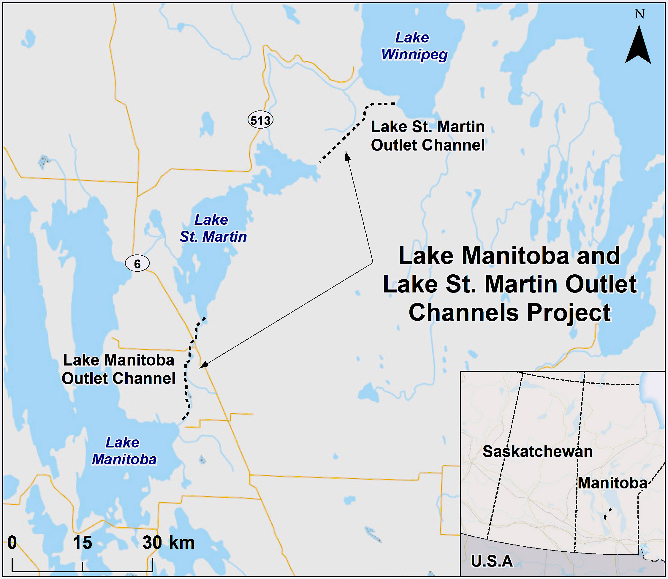 This map shows the location of the proposed Lake Manitoba and Lake St. Martin Outlet Channels Project.