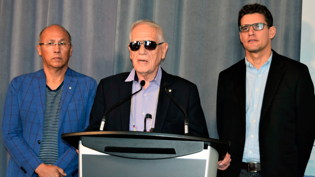 Indigenous architect Douglas Cardinal, centre, spoke at a Royal Architectural Institute of Canada event in Toronto last fall where it was announced he would lead Canada’s team contributing to the 2018 Venice Architecture Biennale. He was flanked by co-curators Gerald McMaster, left, and David Fortin.
