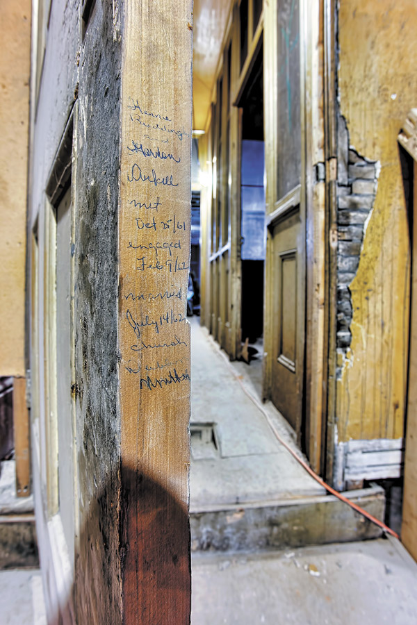 A couple who met at the Petrie Building in Guelph in the early 1960s wrote their engagement and marriage dates on the edge of a door frame. CAHP president Gerry Zegerius, a senior associate with Tacoma Engineers Inc., discovered it during an inspection and was able to track down the couple’s children and send them a photo of it.