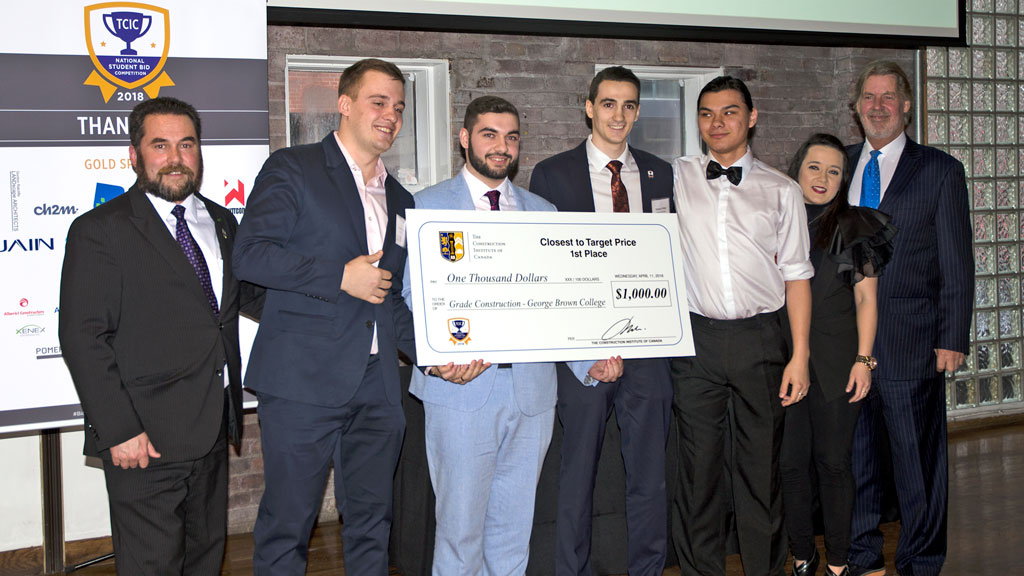 Grade Construction from George Brown College won third place in the BIM category and first place for being closest to the target price in The Construction Institute of Canada’s annual Simulated Student Bid Competition. Team members Roman Solonynko, Juliano Nolfo, Alex Lema and Cameron Stitski accepted the awards at a ceremony at The Glass Factory in Toronto April 11.