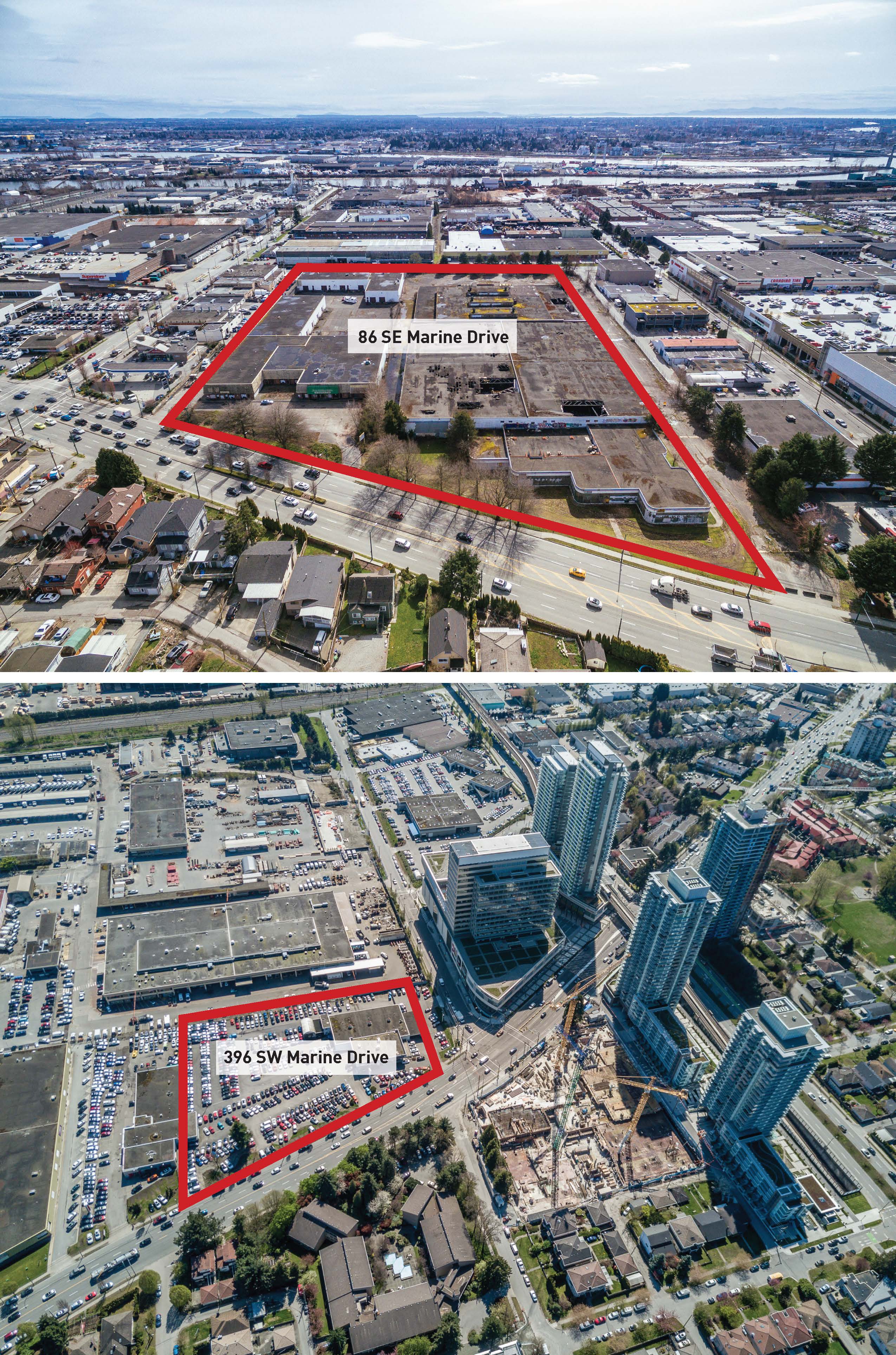 A drone shot of the Walmart site. The top photo shows one of two sites acquired by Hungerford Properties recently in the area and is slated for redevelopment in South Vancouver, while the KIA dealership site next to Marine Gateway Canada Line station is shown at the bottom.