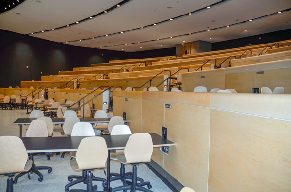 The 468-seat Lee and Margaret Lau Auditorium at the Myhal Centre for Engineering Innovation and Entrepreneurship features a wall-to-wall digital screen and seven tiers of unique seating configurations to make collaboration part of the learning experience.