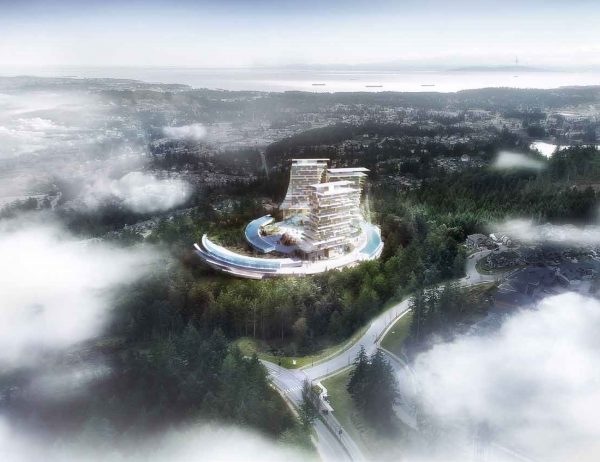 The proposed eco resort, designed by Arno Matis Architecture, will be located on an already existing golf course resort on Bear Mountain in Langford on Vancouver Island. Using computer modelling and local climate simulation, the resort will provide light and warmth during the shoulder season to encourage travellers to stay in Canada rather than going to traditional warmer destinations.