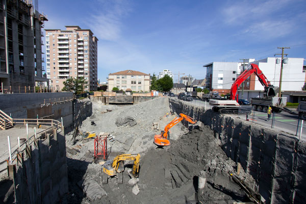 The Vancouver Island Construction Association states that Nanaimo saw the highest amount of construction activity with a 48 per cent increase in building permits, followed by the Capital Regional District with a 47 per cent increase. Projects on the go include excavation work on 989 Johnson St.