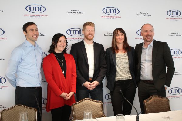 The Urban Development Institute held a seminar on Oct. 10 launching the new Better Buildings BC incentive program along with discussion of other net-zero energy-standard initiatives. The panellists were (left to right): ZEBx executive director Christian Cianfrone, City of Vancouver senior green buildings planner Sabina FooFat, BC Ministry of Energy, Mines and Petroleum Resources senior energy efficiency co-ordinator Andrew Pye, Integral Group head of research and planning Lisa Westerhoff and Concert Properties vice-president of sustainability Dave Ramslie.