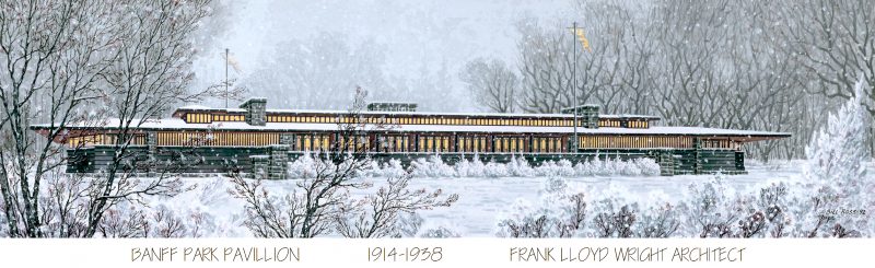 An illustration shows what Frank Lloyd Wright’s Banff Park Pavilion might have looked like during an Alberta winter.