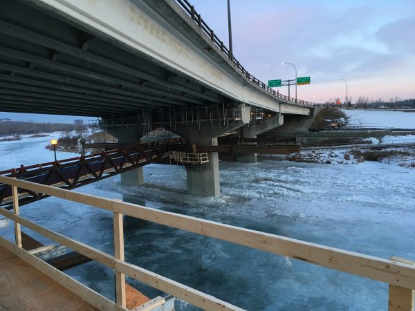 Temporary structures under the Crowchild Trail bridge in Calgary have helped the city keep the key traffic route open. The route sees more than 100,000 vehicles a day. The $84-million project is the first phase of a massive, long-term vison to upgrade the route.