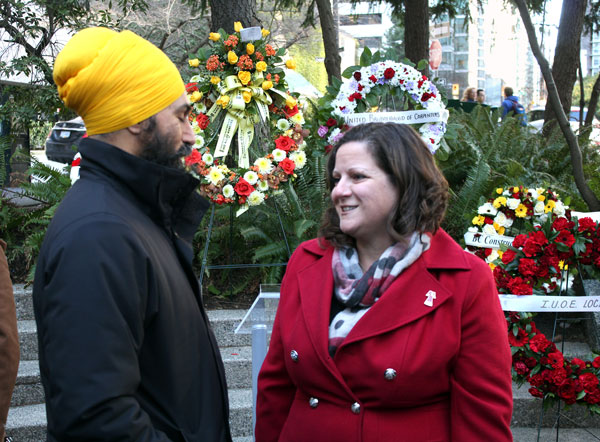 Federal NDP Leader Jagmeet Singh (left) and BC Federation of Labour treasurer and secretary Sussanne Skidmore were among those attending the Bentall IV memorial on Jan 7.