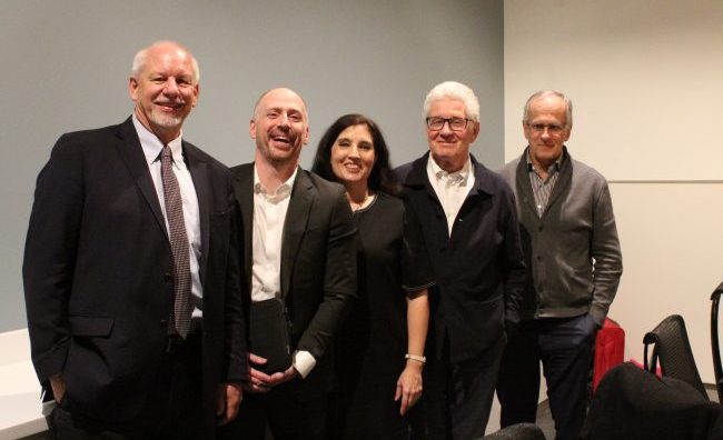 Diamond Schmitt Architects in association with New London Architecture recently held a transatlantic seminar at the Emily Carr University of Art and Design on sustainability initiatives in both cities. The Vancouver panel consisted, from left to right, of City of Vancouver general manager of planning, urban design and sustainability Gil Kelley, Concert Properties chief sustainability officer Dave Ramslie, author and journalist Hadani Ditmars, Diamond Schmitt Architects principal Don Schmitt and Fast + Epp founder Paul Fast.