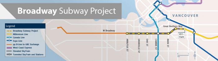 A map shows the route of the planned Broadway Subway project in downtown Vancouver, B.C. Work on the project is expected to begin next year and wrap up in 2025.