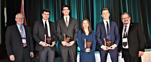 ORBA COO Bryan Hocking (left) and John Blake of Norjohn Contracting and Paving (far right) presented ORBA scholarship awards to (from left) Daniel Currie, Perry Gagne, Alyssa Ritchie and Benjamin Busca.