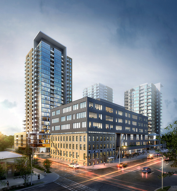 The former century-old Huck Glove factory, seen in the foreground, has been incorporated by Edge Architects in the design of an office complex at 120 Victoria St. S. in downtown Kitchener, Ont. Three condo towers, designed by ABA Architects, will also be constructed on the site.