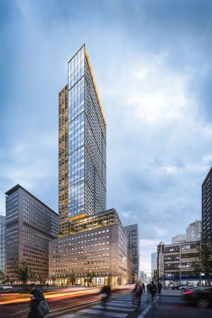 The proposed United Building development at 481 University Ave. in downtown Toronto will include a mix of commercial and retail space as well as a contemporary 45-storey condominium tower. The existing heritage structure on the site will be restored as part of the project. The developer is Toronto-headquartered Davpart Inc.