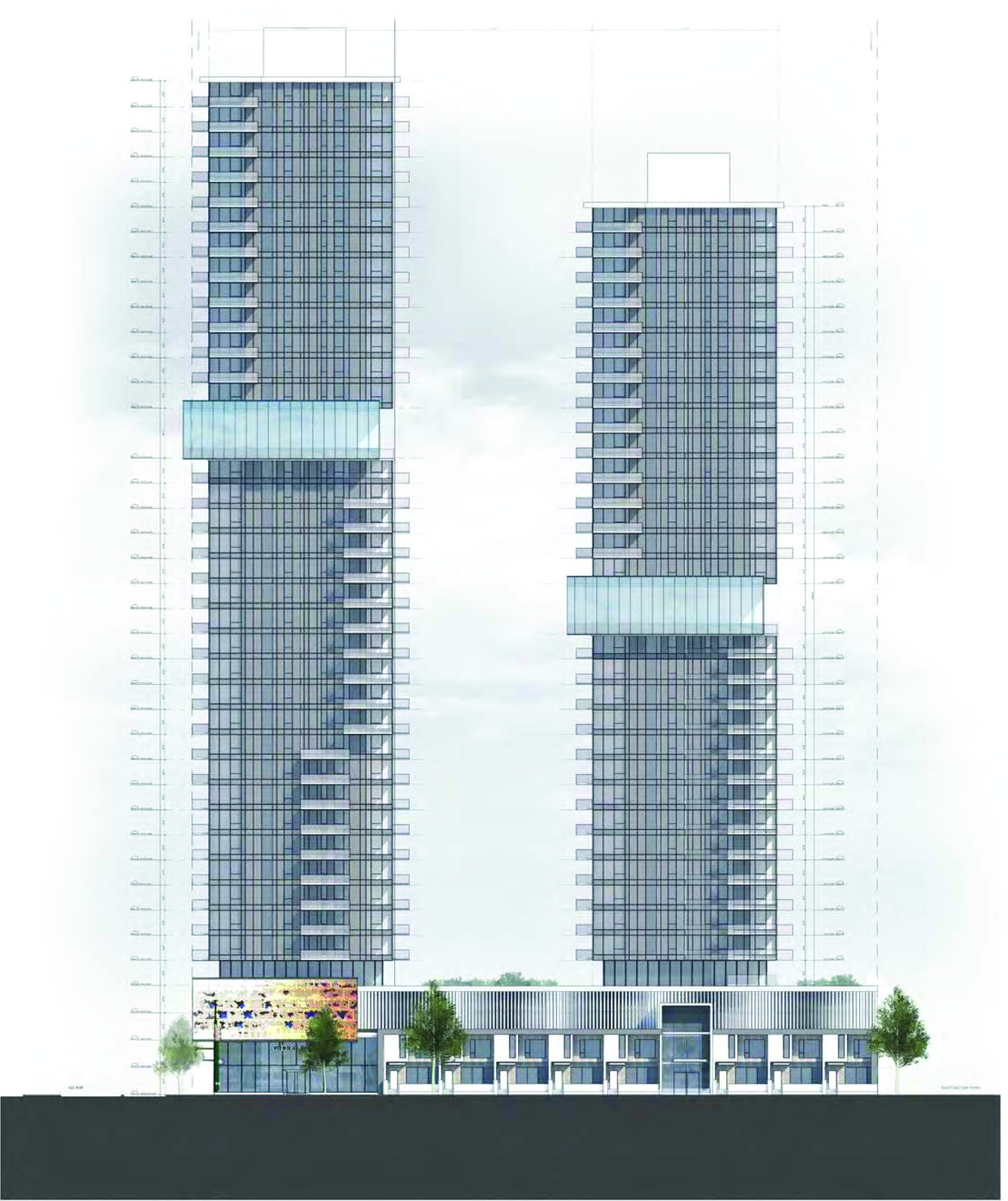 The Shift residential towers are 36 and 40 storeys tall with a total of 700 units and are being proposed by Edgar Development. The structures will be built over a four-storey base or podium that includes retail stores and townhouse units.