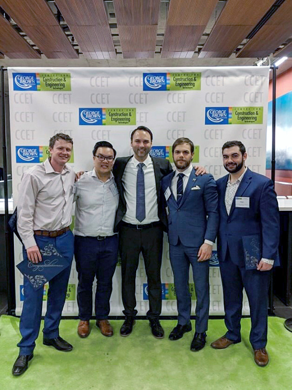 The KLMN Construction team from George Brown College in Toronto consisting of (from left to right) Lindsay Kainer, Wilson Lai, Benjamin Valliquette (mentor), Matthew Melaragno and Juliano Nolfo (captain) will be competing in the finals of the Chartered Institute of Building’s annual Global Student Challenge in Edinburgh, Scotland at the end of June.
