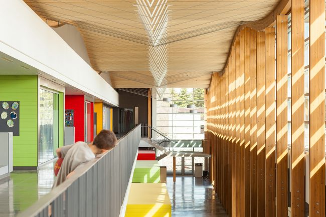 Increasingly, education, health-care, and other public buildings incorporate wood for its biophilic benefits, such as Samuel Brighouse Elementary by Perkins and Will located in Richmond.