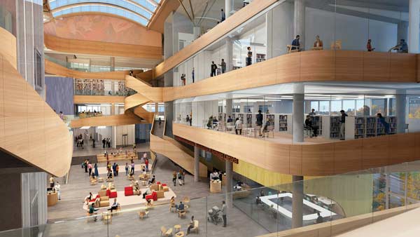The joint home of the Ottawa Public Library and Library and Archives Canada will house exhibition and collection spaces, reading rooms, a café and other facilities configured around a central town hall (seen above). The design for the landmark project was unveiled at a recent event in Ottawa.