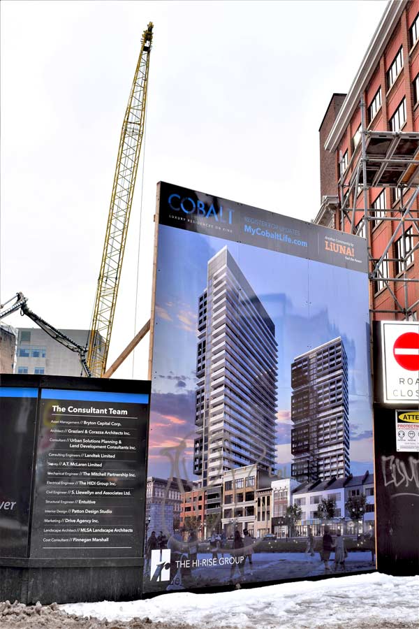 One of several projects that LIUNA’s Labourers’ Pension Fund of Central and Eastern Canada has invested in in downtown Hamilton is the 30-storey Cobalt Luxury Residences on King, currently under construction. The Hamilton LRT, a project cancelled by the provincial government in December, would have run right past the residences on King Street.