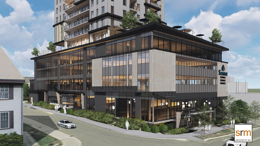 SkyDev president  Greg Jones says while the rendering, pictured above, shows a four-storey office podium, the current permission allows for between three and six storeys.