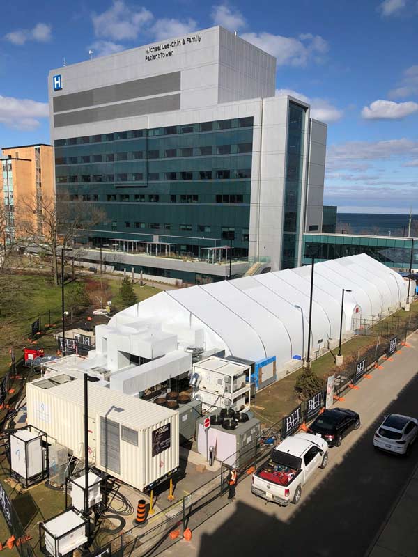 The temporary facility features negative air pressure, oxygen lines, a mechanical system for heating and cooling and a raised steel floor on pedestals.