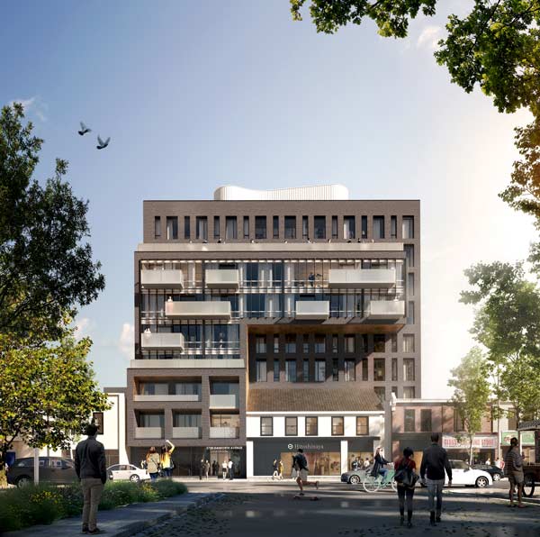 Among the challenges facing BNKC on the 2720/2734 Danforth project in Toronto is incorporating a significant heritage building, The White Inn, circa 1782. Developer Katalyst Real Estate is seeking approval for 81 rental units in nine storeys. The project is currently in the rezoning phase.