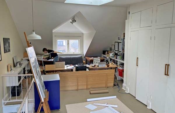 Marco VanderMaas’ wife Heather, who is also an architect, has found her place in the attic space of their home where they both work.