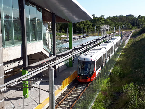 A University of Toronto study compared greenhouse gas emissions from the construction of at-grade rail versus underground building. Pictured: train testing at Ottawa’s Cyrville Station, July 2018.