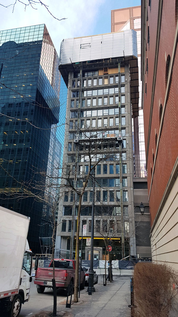 Upbrella Construction of Brossard, Que. employed its patented craneless system which used elevator-style lifting actuators to raise one floor at a time over the Hotel Le Germain in Montreal. The owners of the 11-storey boutique hotel were looking to top the building with six floors.