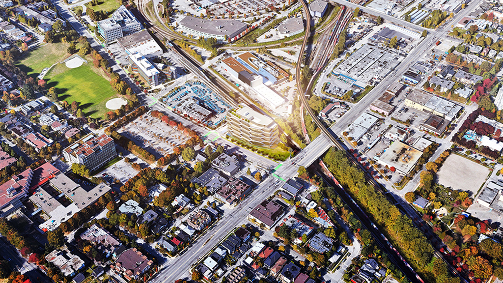 An aerial shot of 2150 Keith Drive, a 10-storey tall wood building project.