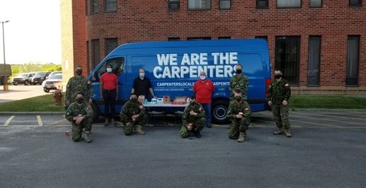 Recently, reservist Dimitrij Berdnikov was asked by the Canadian Armed Forces to volunteer in the military’s initiative Operation LASER to assist in a troubled long-term care home during the pandemic. The soon-to-be fourth-year carpentry apprentice jumped at the chance. Representatives from the Carpenters’ Union Local 27 recently supplied troops working in GTA long-term care homes with coffee and donuts.