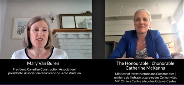 Federal Minister of Infrastructure and Communities Catherine McKenna (right) responded to questions posed by Canadian Construction Association (CCA) president Mary Van Buren during the CCA’s day-long “Un-Conference” June 15.