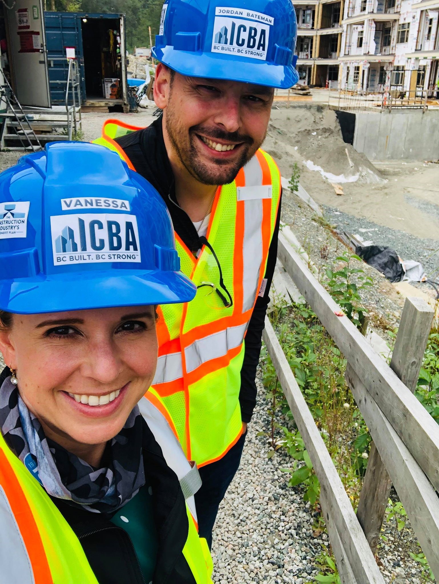 Jordan Bateman, Independent Contractors and Businesses Association communications and marketing vice-president, and Vanessa Neil, the association’s membership services co-ordinator, visit Peak Construction’s Yorkson condo and townhome project in Langley, B.C.