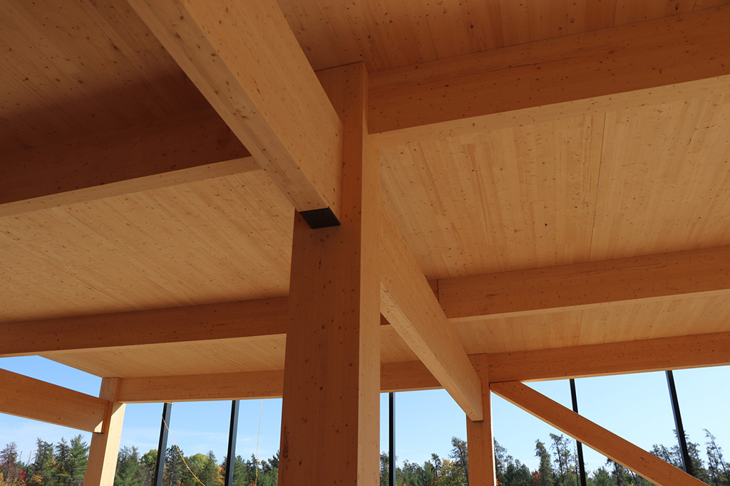 The Business Hub structure at Atomic Energy of Canada Limited’s Chalk River Laboratories campus in Ontario consists of a reinforced concrete lower level and concrete elevator and stair core tied into five floors of a cross-laminated timber structure, says Chris McMahon, project director of Arnprior, Ont.-based M. Sullivan &amp; Son Limited (Sullivan), a general contractor in joint venture with national builder Chandos Construction for the three MT buildings being constructed under an integrated project delivery contract.