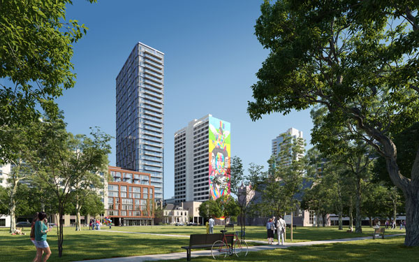 The JAC Condos tower (left) contains design elements complementing the nearby Equilibrium mural and Allan Gardens, located across the street. Interiors are by Tomas Pearce.