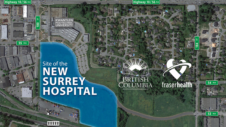 A rendering shows the site of Surrey, B.C.’s second hospital. Officials announced that the facility will include a regional cancer centre.