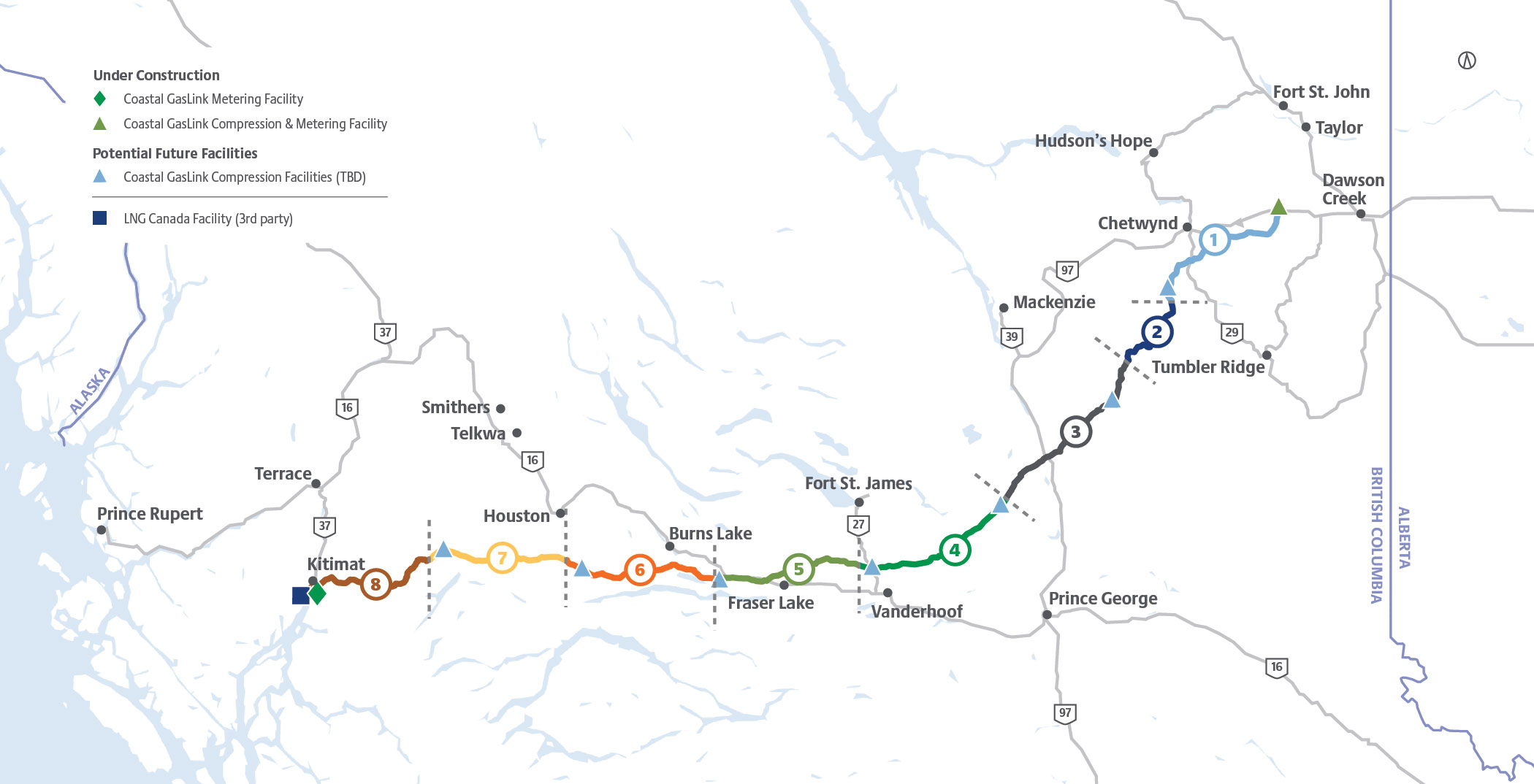 A map shows the route of the Coastal GasLink Pipeline, one of many projects the British Columbia Business Council says should be supported as part of plans to improve the province’s economy.