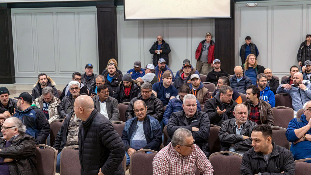 LIUNA International vice-president Joe Mancinelli is concerned that many of the union’s 130,000 national workers will be shut out of access to the federal government’s approved COVID Alert contact tracing app because smartphones are not permitted on many worksites. Pictured: LIUNA members attending a Local 183 meeting in February.