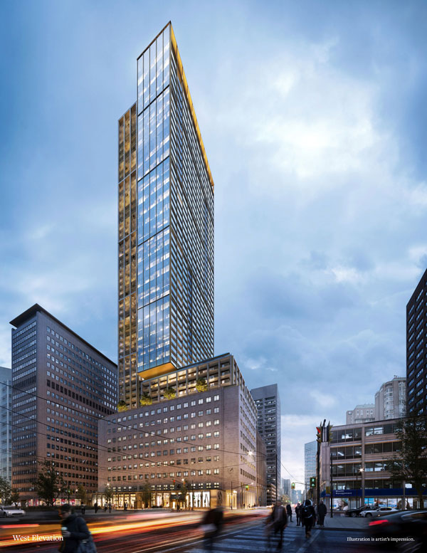 The new 55-storey mixed-use United Building from Davpart will incorporate restored components of the Maclean-Hunter Building on University Avenue in Toronto with commercial and retail space from the ground floor to the 10th floor and new residences above the heritage structure.